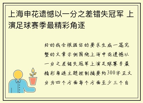 上海申花遗憾以一分之差错失冠军 上演足球赛季最精彩角逐
