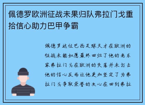 佩德罗欧洲征战未果归队弗拉门戈重拾信心助力巴甲争霸